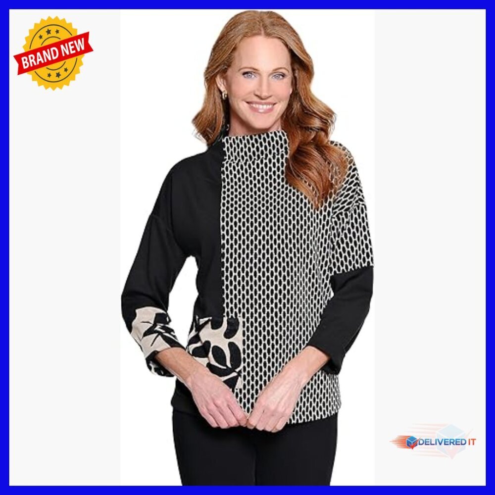 3/4 Sleeve Jacquard Knit Tunic Mock Neck Top Regular Fit